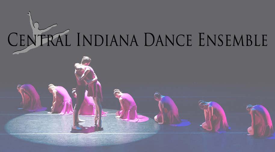 914x504_CIDE_HeroImage2.jpg Two dancers, male and female, embrace on stage, while seven others kneel wearing fuschia gowns. Text reads "Central Indiana Dance Ensemble."